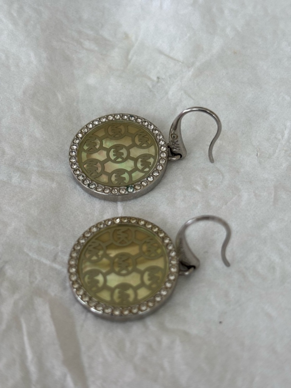 Michael Kors Silver-Tone MK Logo Drop Earrings with Mother-of-Pearl Pave Crystal - Picture 2 of 5